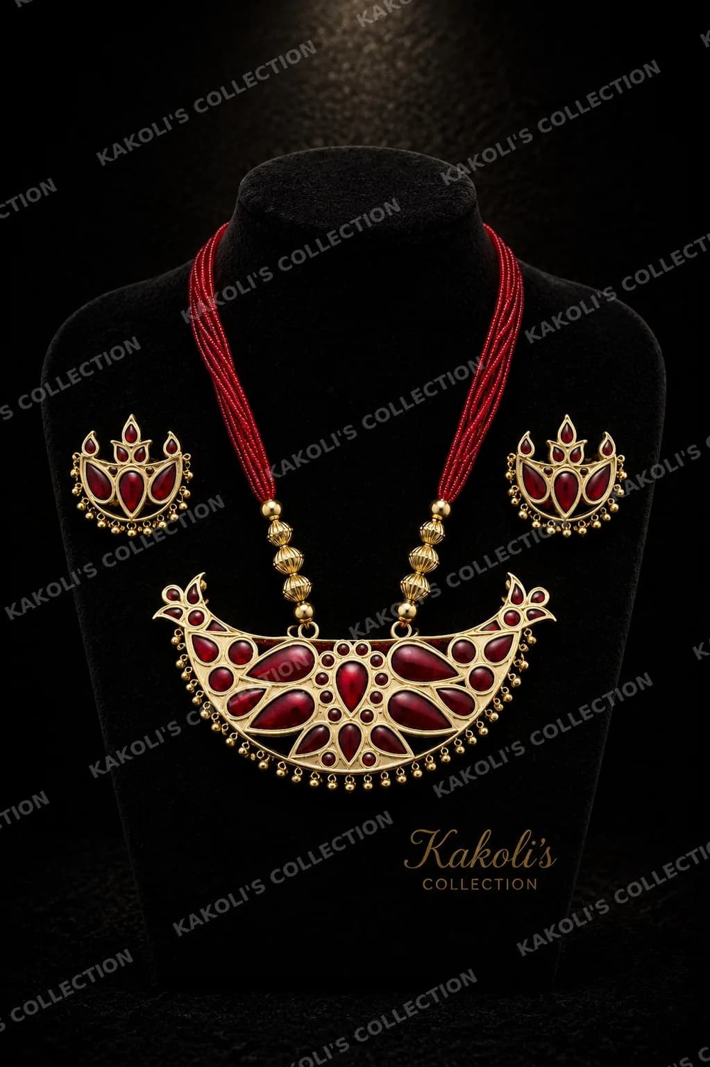 Bena with Red Stones on Red Bead Strings – Assamese jewellery by Kakoli's Collection