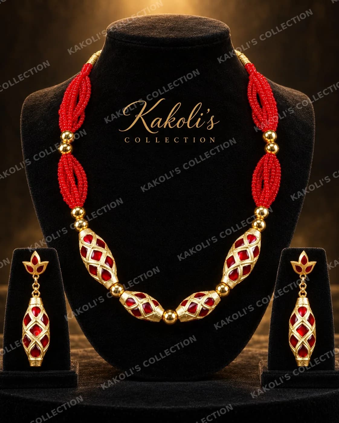 Red Dholbiri Golpata on Red Bead Strings – Assamese jewellery by Kakoli's Collection