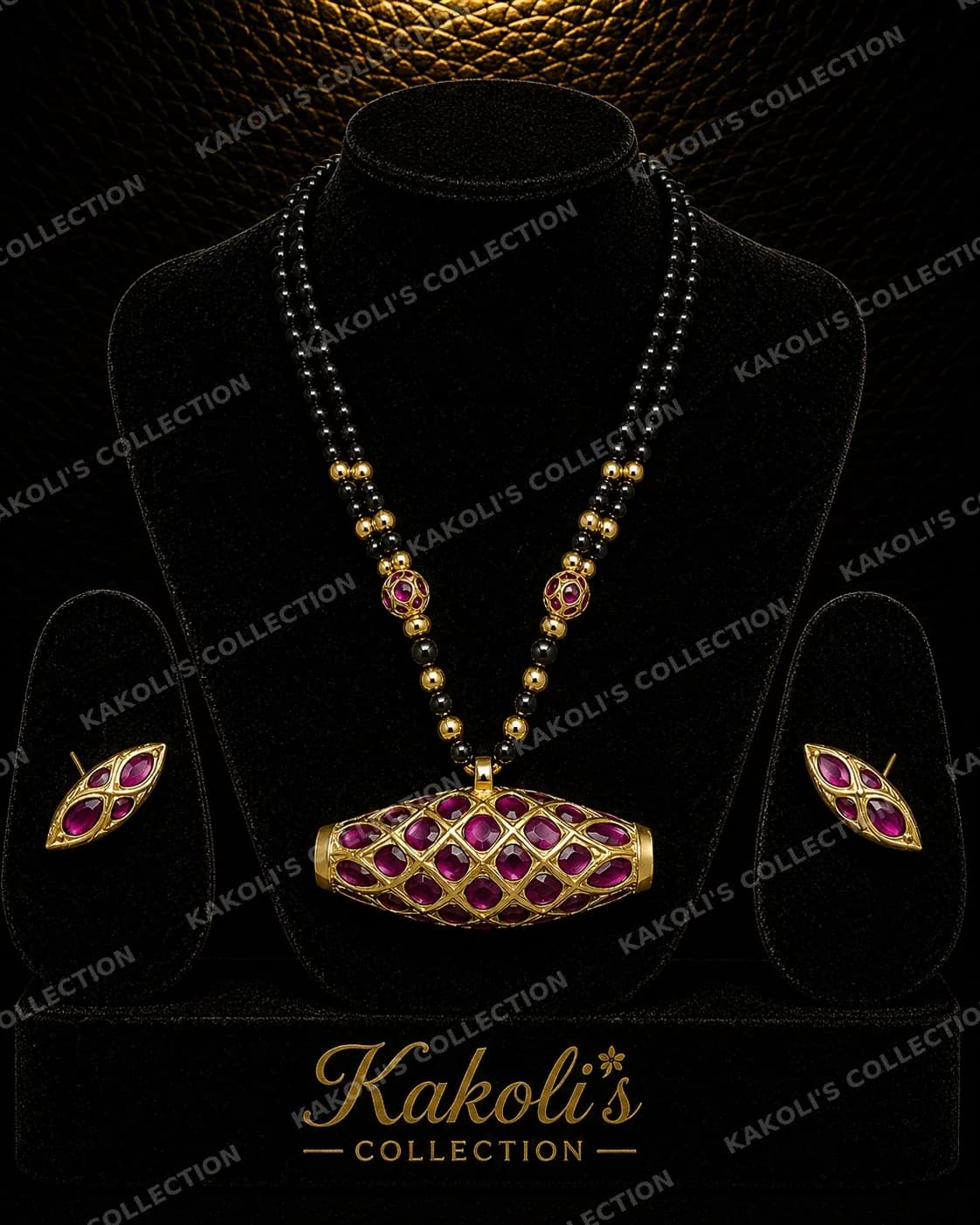 Gold Dholbiri with Pink Stones on Black Beads – Assamese jewellery by Kakoli's Collection