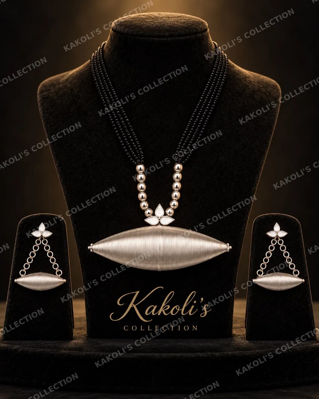 Plain Silver Dholbiri on Black Bead Strings – Assamese jewellery by Kakoli's Collection