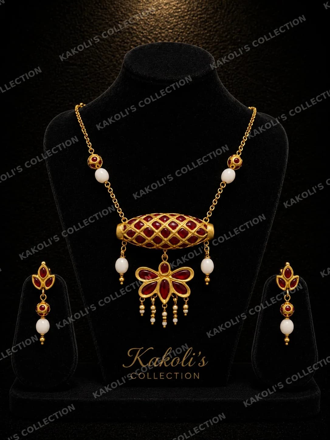 Red Lattice Dholbiri with Flower Drop & Pearls – Assamese jewellery by Kakoli's Collection