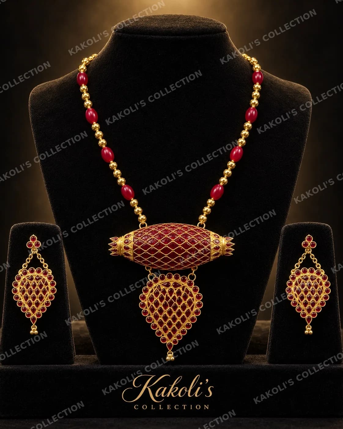 Dugdugi with Red Lattice Bead & Gold Chain – Assamese jewellery by Kakoli's Collection