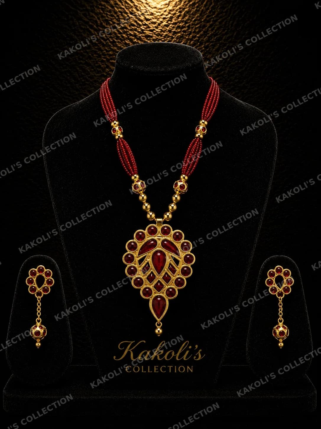 Red Stone Dugdugi on Red Bead Chain – Assamese jewellery by Kakoli's Collection