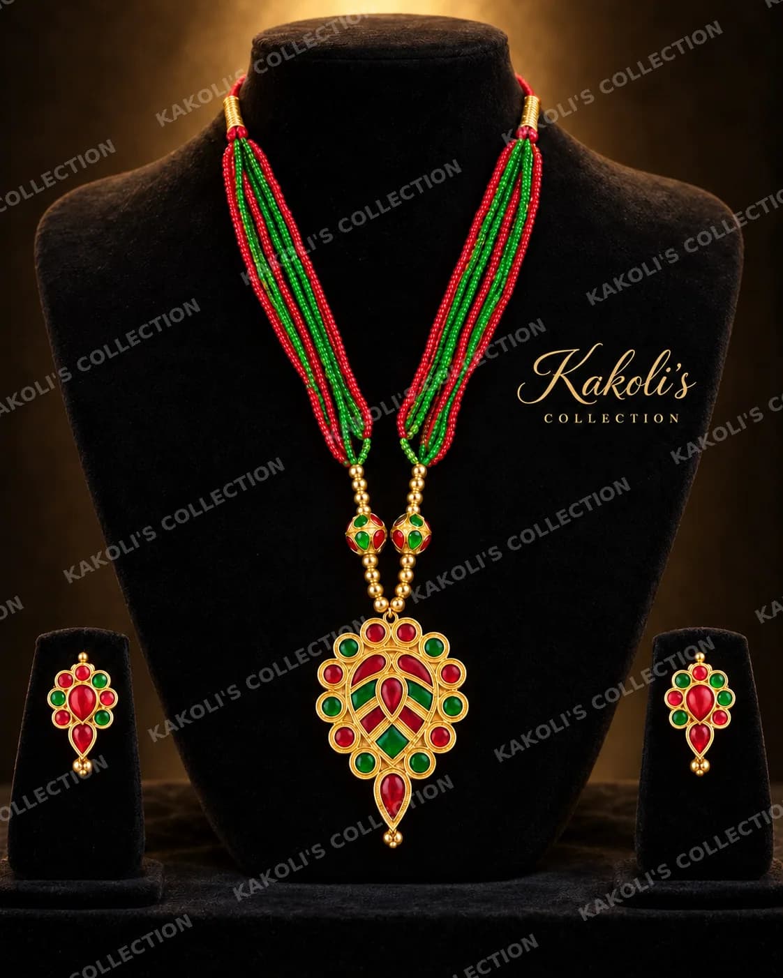 Red & Green Dugdugi on Bead Strings – Assamese jewellery by Kakoli's Collection