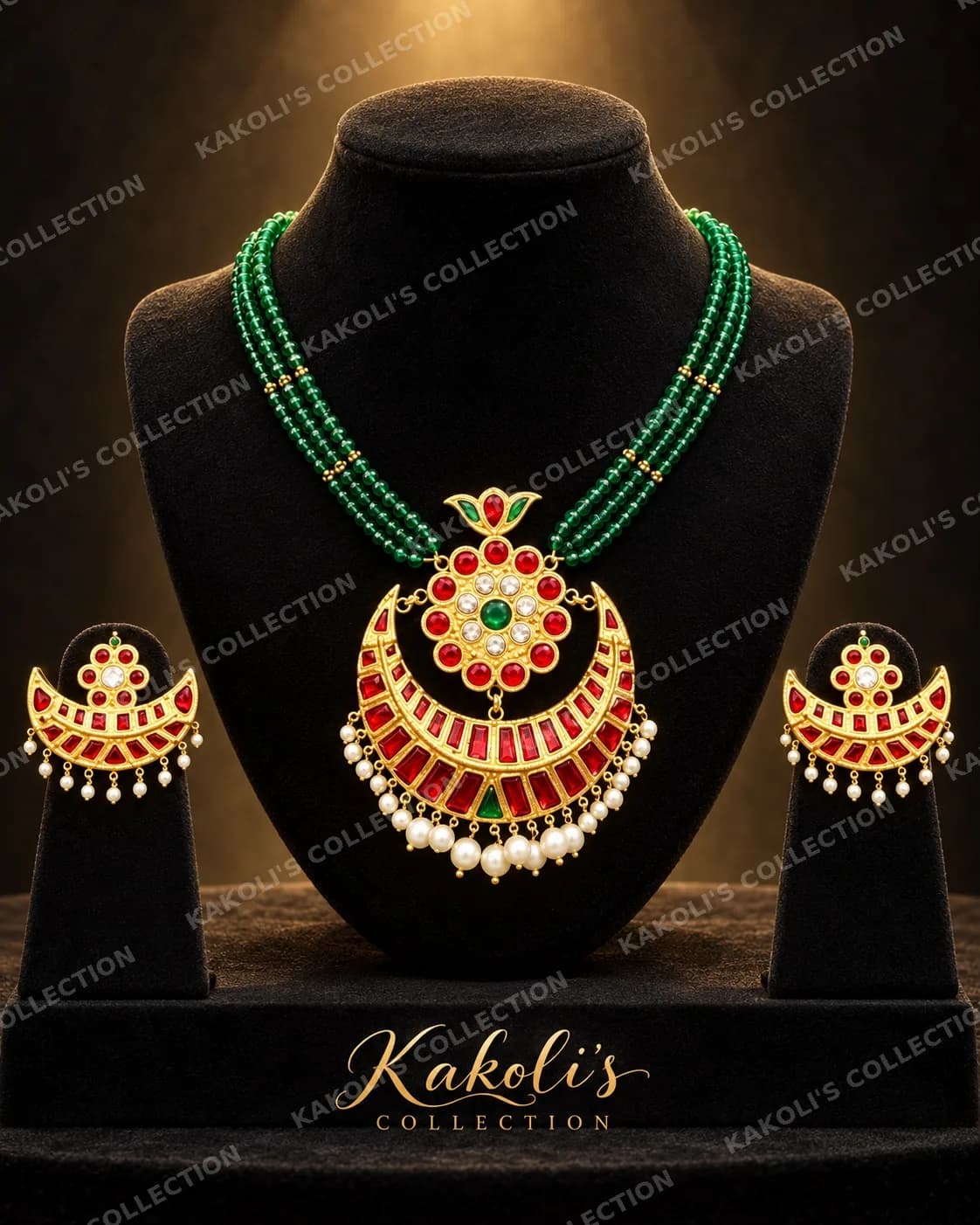 Red Crescent Pendant on Green Bead Strings – Assamese jewellery by Kakoli's Collection