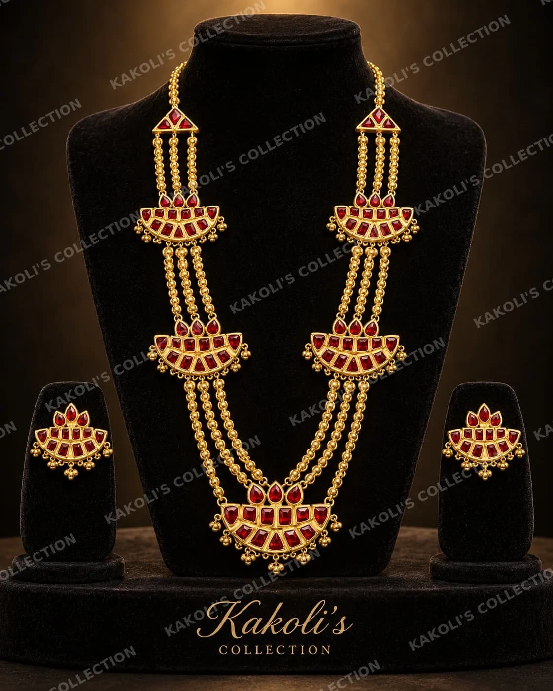 Three-Layer Gold Chain with Red Crescents – Assamese jewellery by Kakoli's Collection