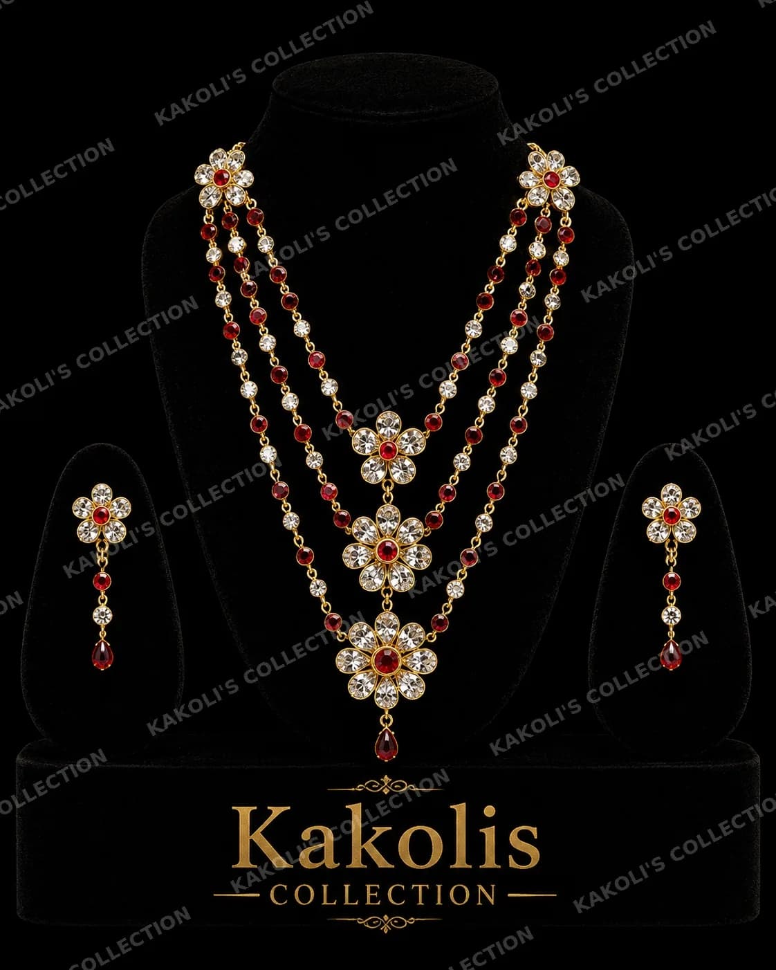 Three-Layer White & Red Stone Golpata – Assamese jewellery by Kakoli's Collection
