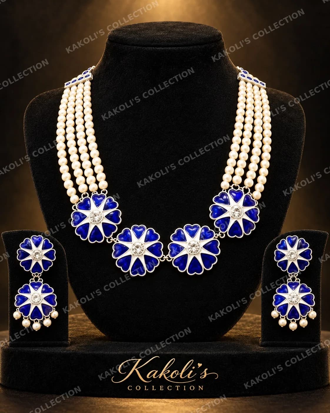 Pearl Golpata with Blue Flowers – Assamese jewellery by Kakoli's Collection