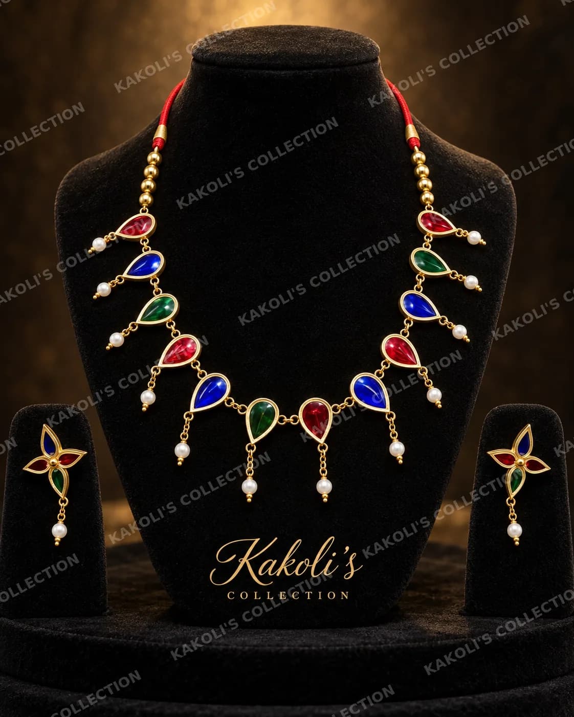 Multicolour Teardrop Golpata with Pearls – Assamese jewellery by Kakoli's Collection
