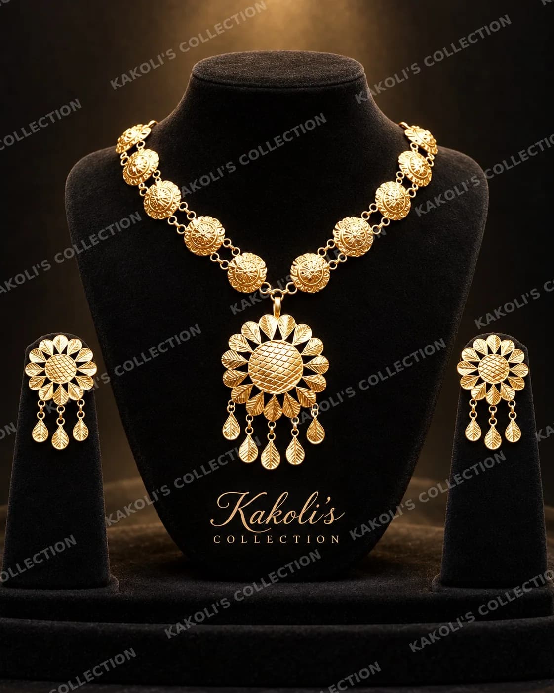 Gold Sunflower Golpata with Pendant – Assamese jewellery by Kakoli's Collection