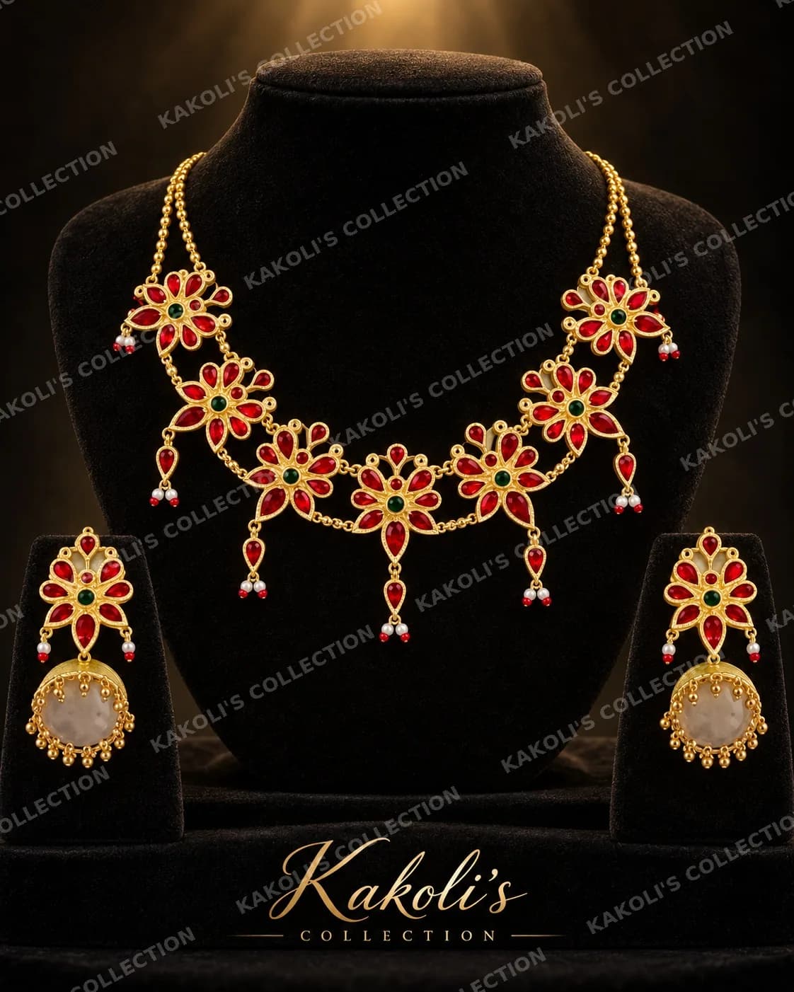 Red Flower Golpata with Pearl Drops – Assamese jewellery by Kakoli's Collection