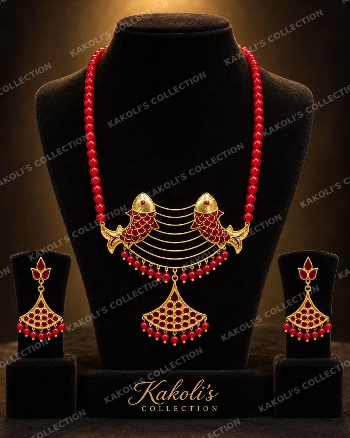 Gagori Twin Fish Necklace with Red Beads – Assamese jewellery by Kakoli's Collection