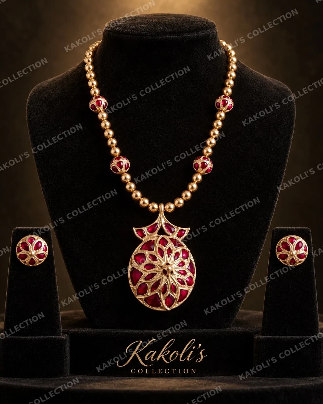 Red Jaapi Pendant on Gold Bead Chain – Assamese jewellery by Kakoli's Collection