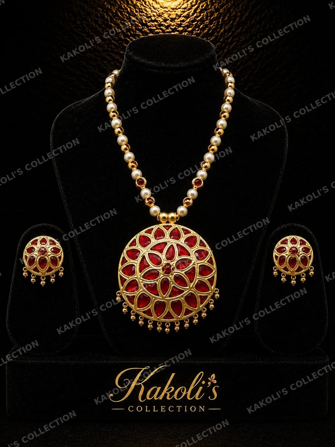 Red Jaapi Pendant on Pearl Chain – Assamese jewellery by Kakoli's Collection