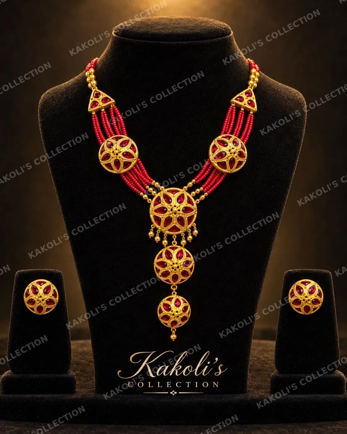 Red Bead Jaapi Necklace with Three Drops – Assamese jewellery by Kakoli's Collection