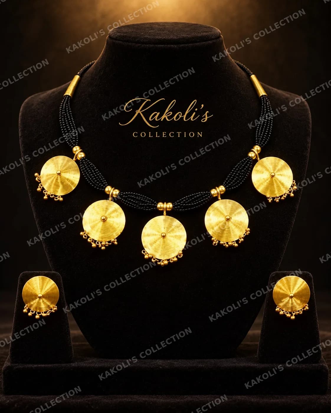 Gold Mini Jaapi Necklace on Black Bead Strings – Assamese jewellery by Kakoli's Collection