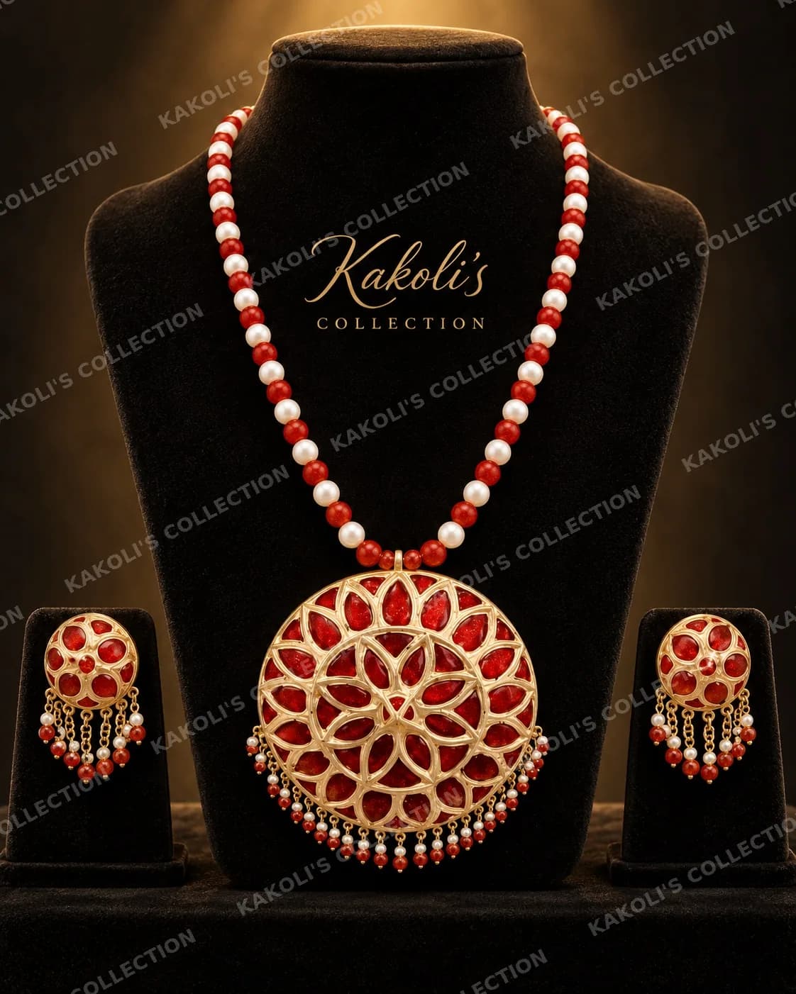 Red Jaapi on Red & Pearl Bead Chain – Assamese jewellery by Kakoli's Collection