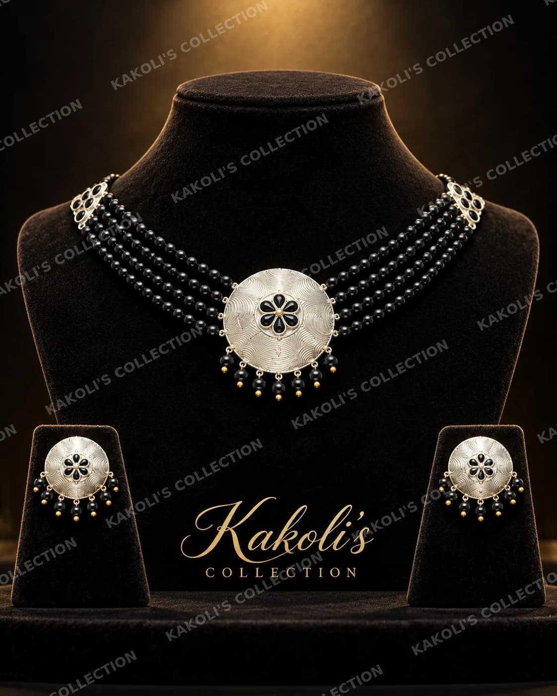 Silver Jaapi Choker on Black Bead Strands – Assamese jewellery by Kakoli's Collection