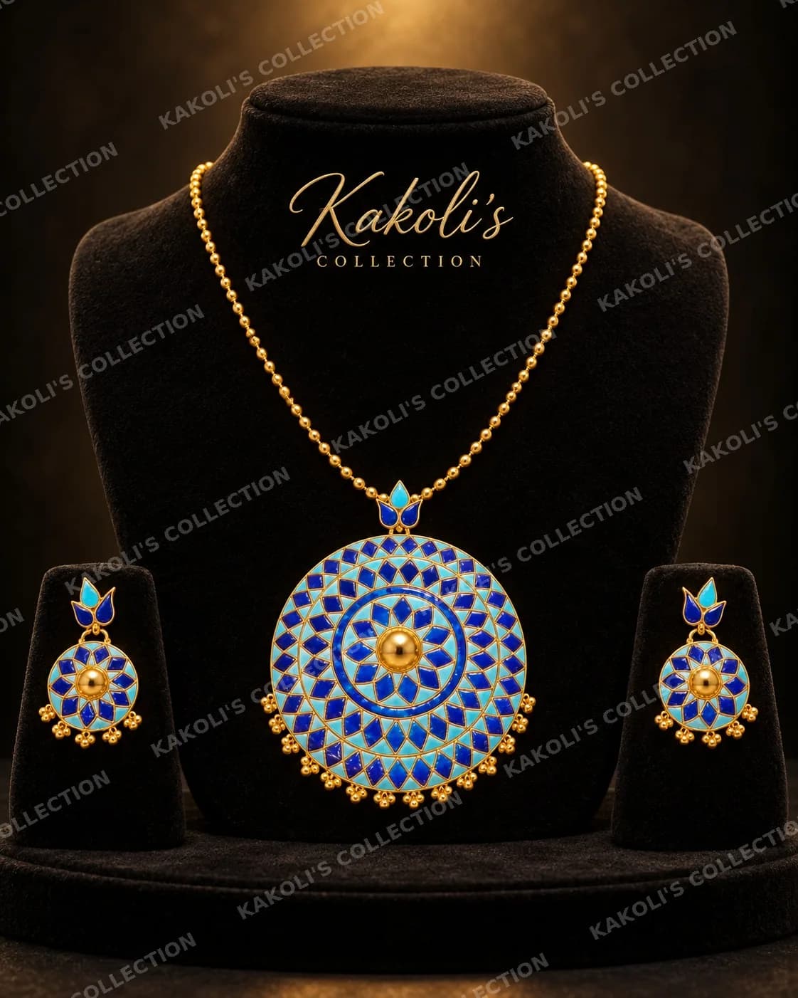Blue Jaapi Round Pendant on Gold Chain – Assamese jewellery by Kakoli's Collection