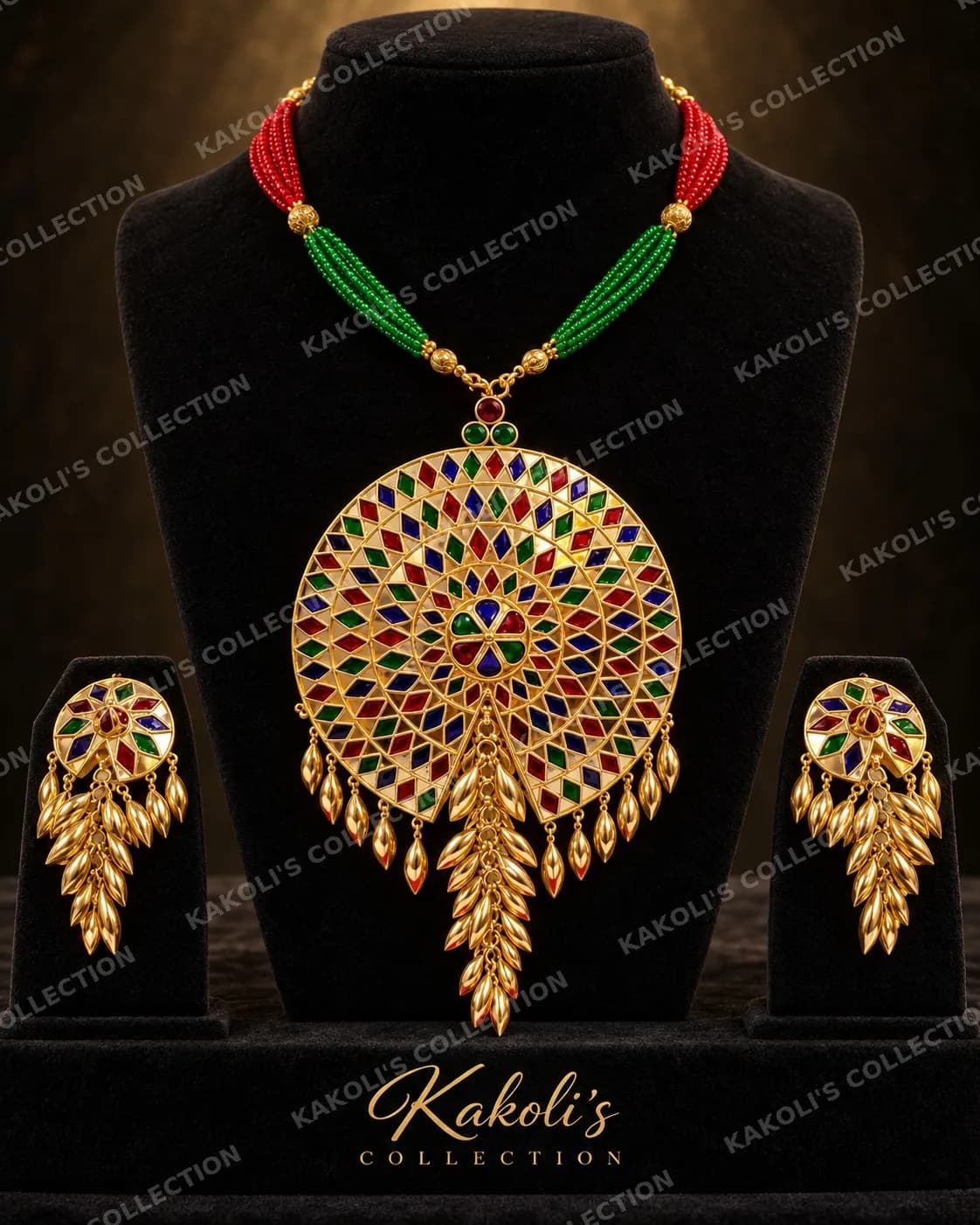 Multicolour Jaapi on Red & Green Bead Strings – Assamese jewellery by Kakoli's Collection