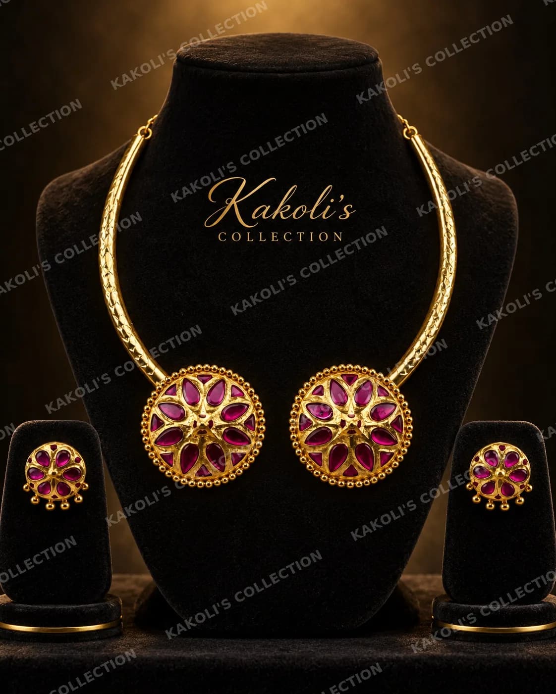 Twin Pink Jaapi on Gold Hasuli – Assamese jewellery by Kakoli's Collection