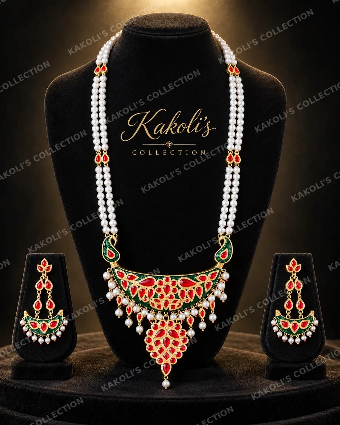 Junbiri-Dugdugi with Red & Green Stones on Pearl Strings – Assamese jewellery by Kakoli's Collection