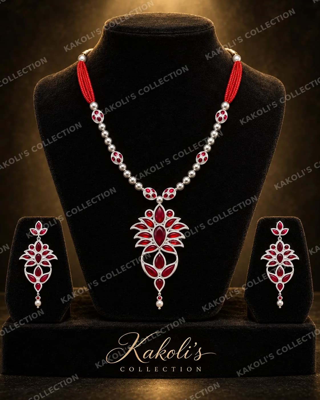 Silver Pink Stone Jethipata on Pearl & Red Chain – Assamese jewellery by Kakoli's Collection