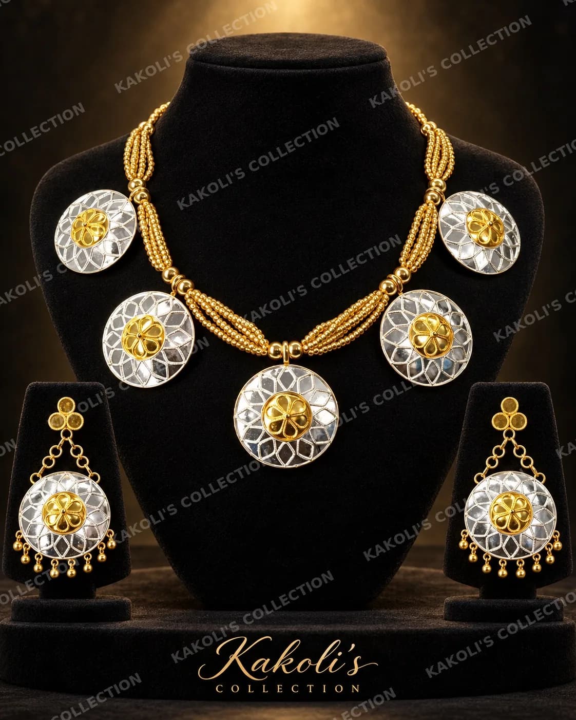 Silver & Gold Jaapi Golpata on Gold Bead Strings – Assamese jewellery by Kakoli's Collection