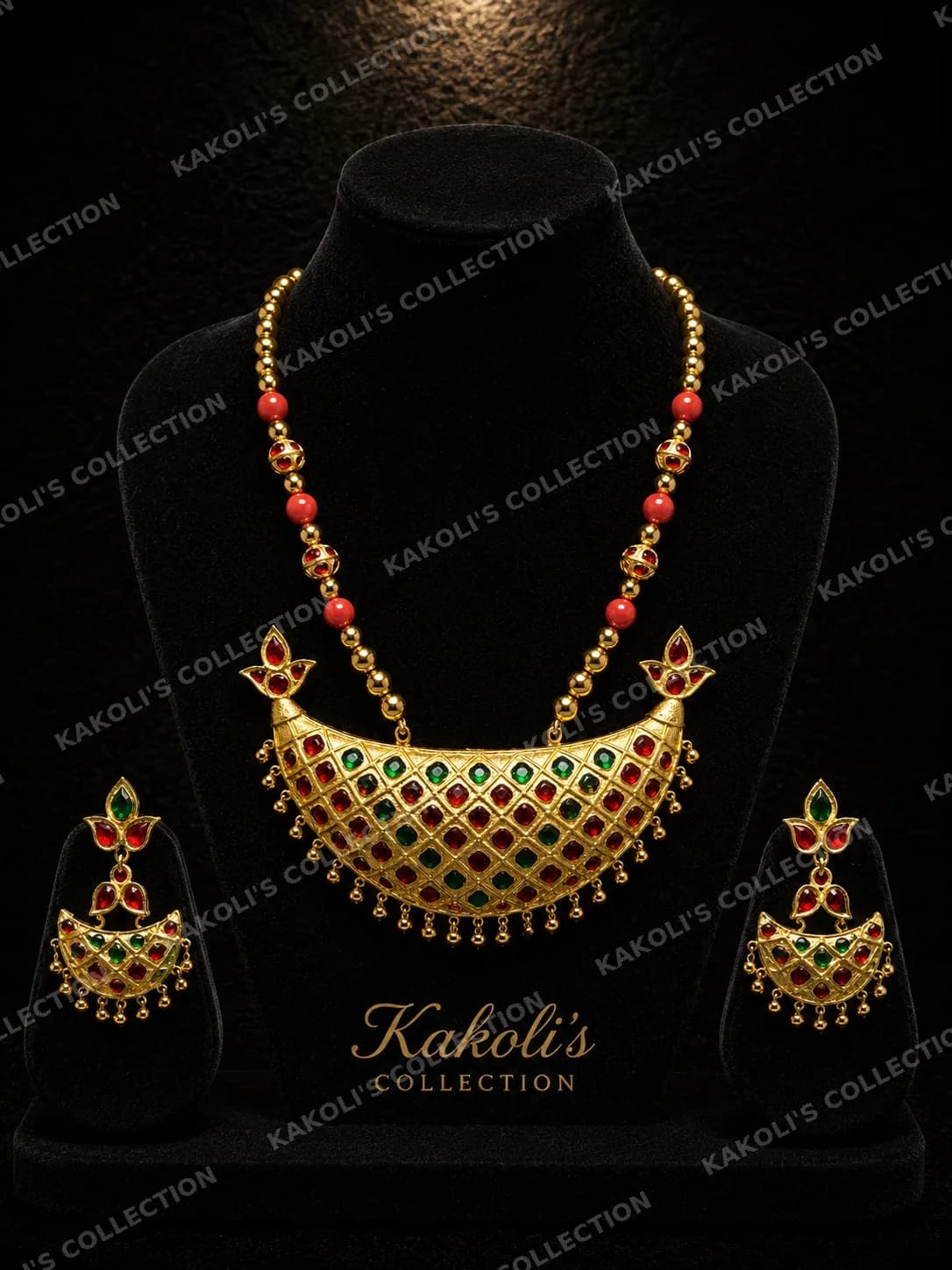 Green Stone Lattice Junbiri on Coral & Gold Chain – Assamese jewellery by Kakoli's Collection