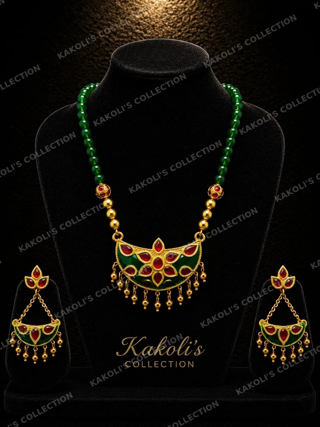 Green Enamel Junbiri on Green Bead Chain – Assamese jewellery by Kakoli's Collection