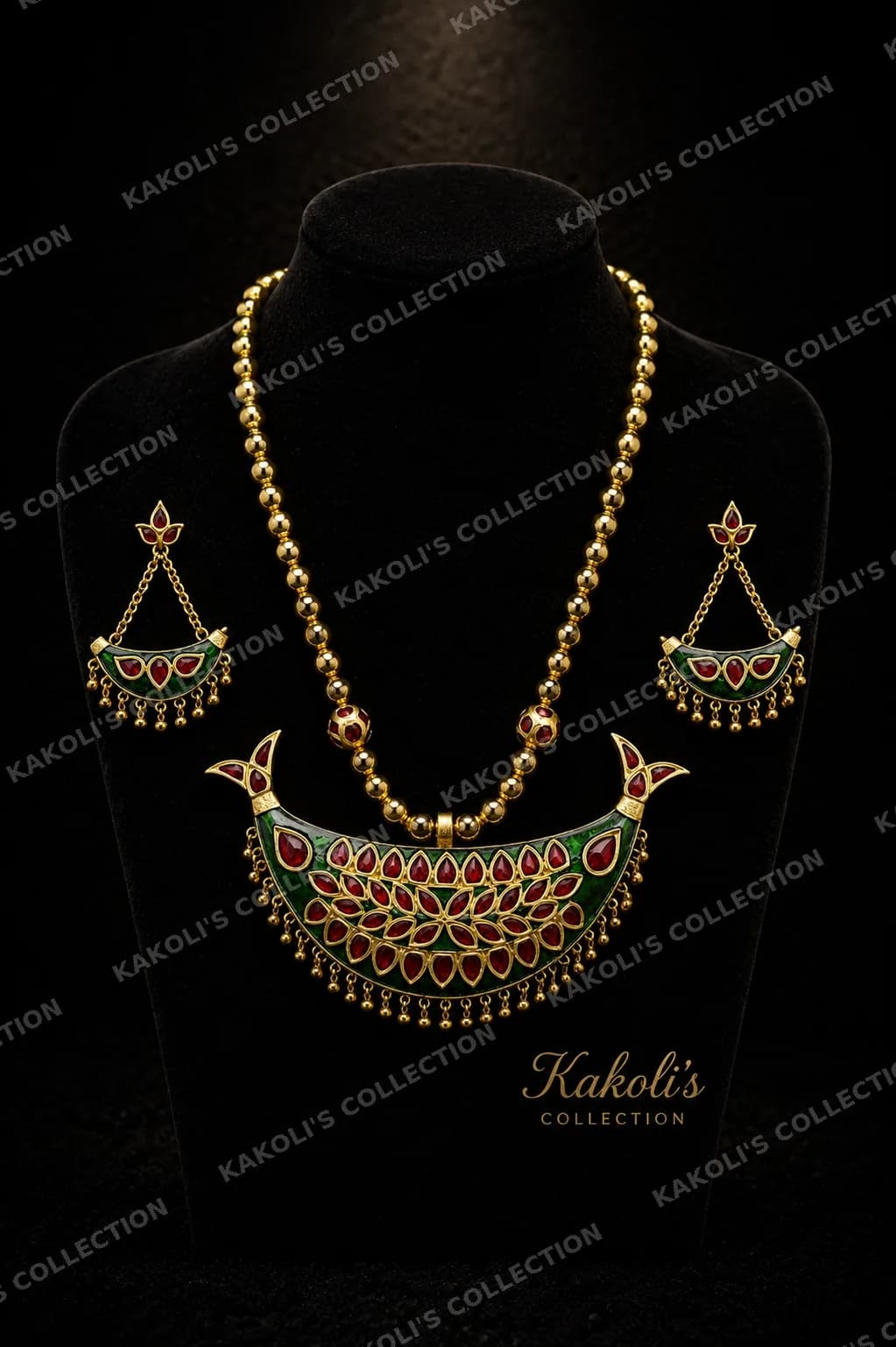Green Enamel Junbiri with Red Leaf Stones – Assamese jewellery by Kakoli's Collection