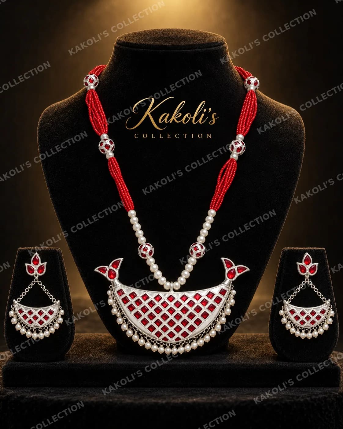 Silver Junbiri with Red Lattice on Red & Pearl Beads – Assamese jewellery by Kakoli's Collection