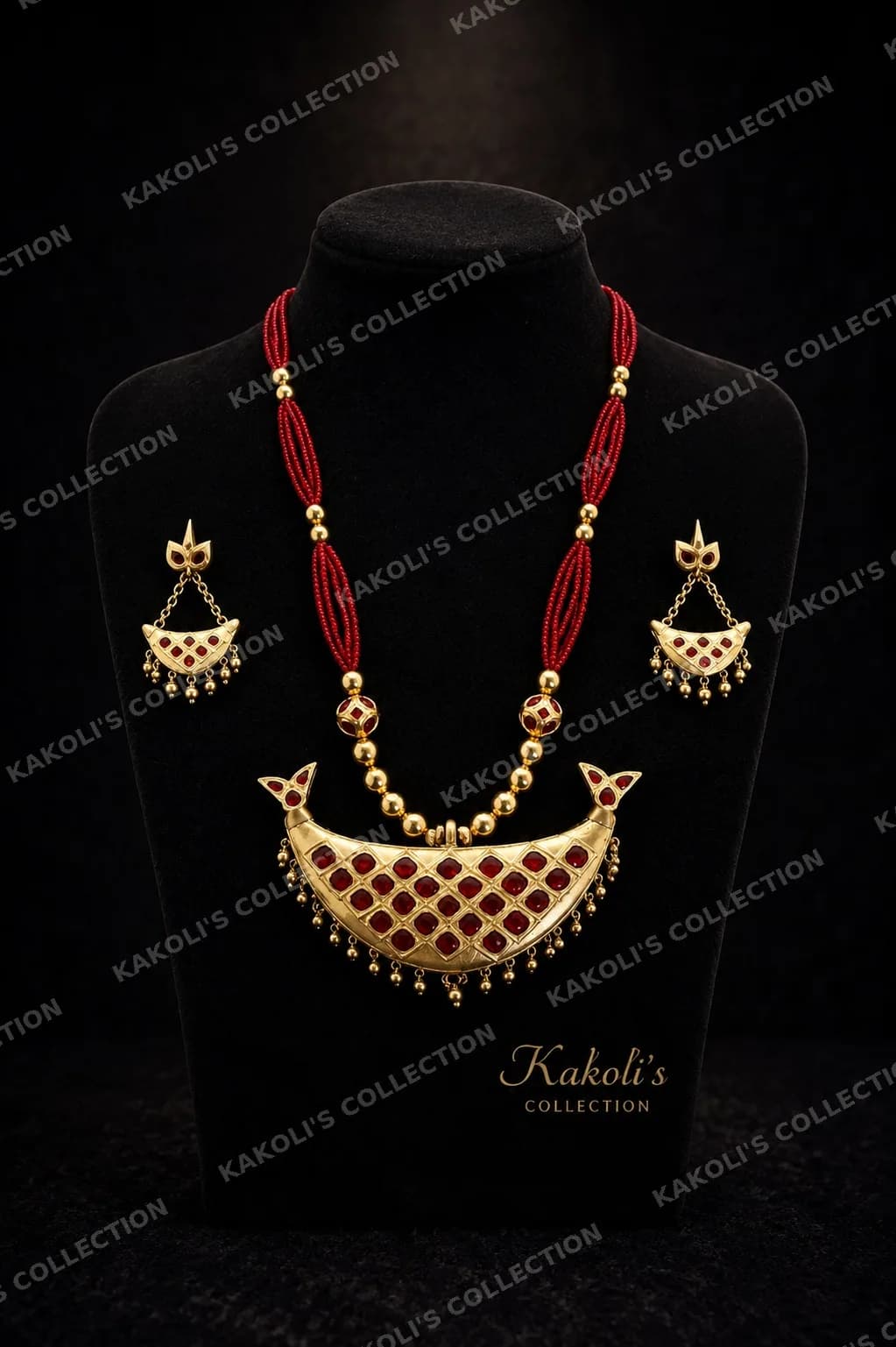 Gold Junbiri with Red Stones on Red Bead Strings – Assamese jewellery by Kakoli's Collection