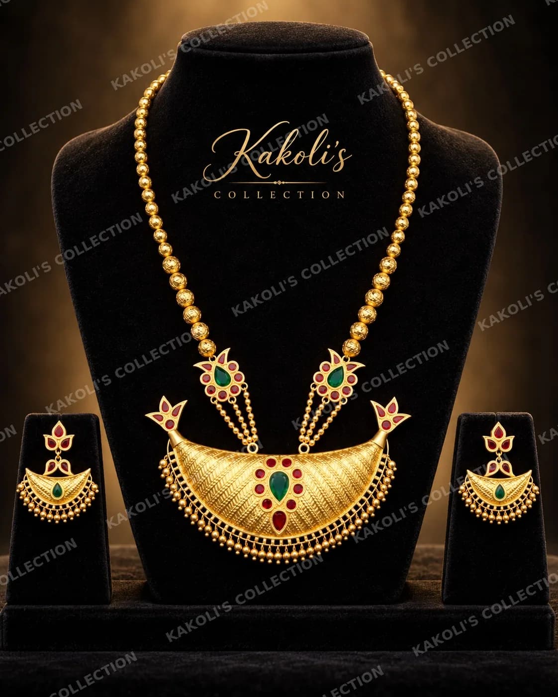 Engraved Gold Junbiri with Green Stone – Assamese jewellery by Kakoli's Collection