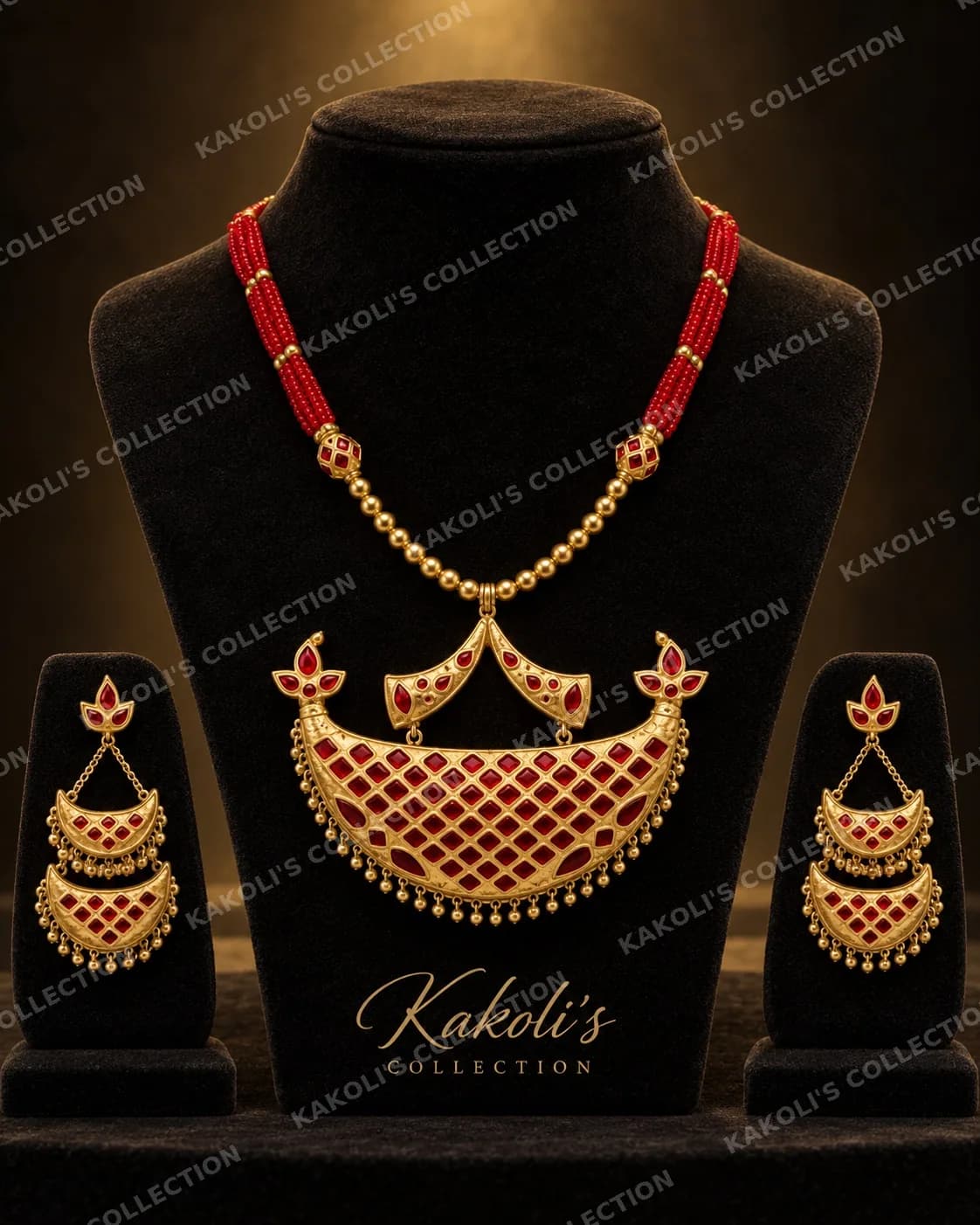 Red Lattice Junbiri with Two-Tier Earrings – Assamese jewellery by Kakoli's Collection
