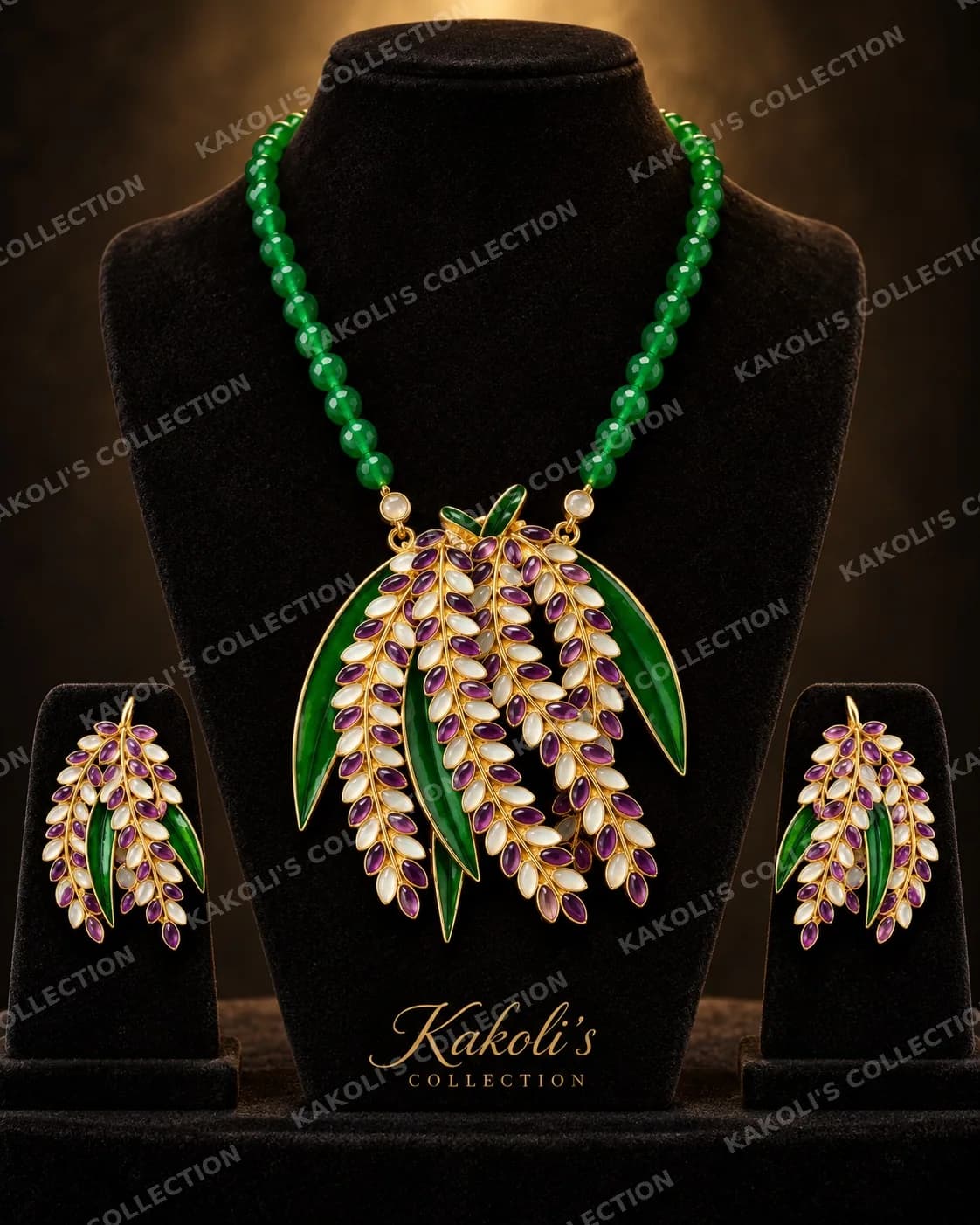 Kopou Ful Orchid Necklace on Green Beads – Assamese jewellery by Kakoli's Collection