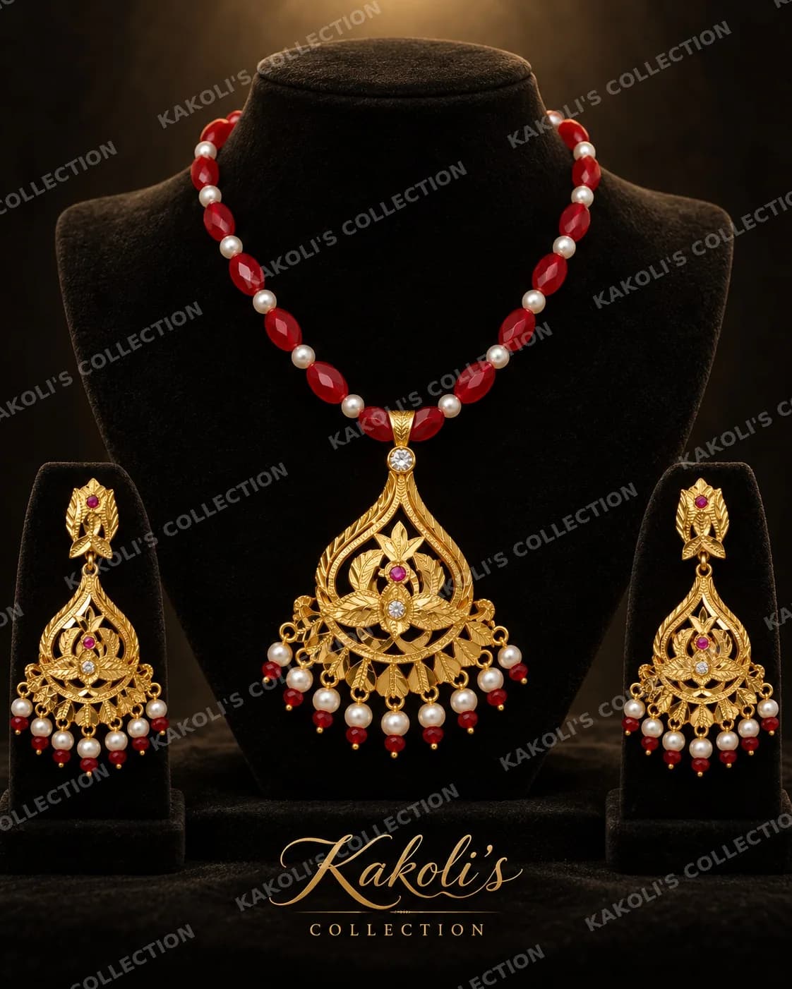 Gold Paisley Locket on Red & Pearl Beads – Assamese jewellery by Kakoli's Collection