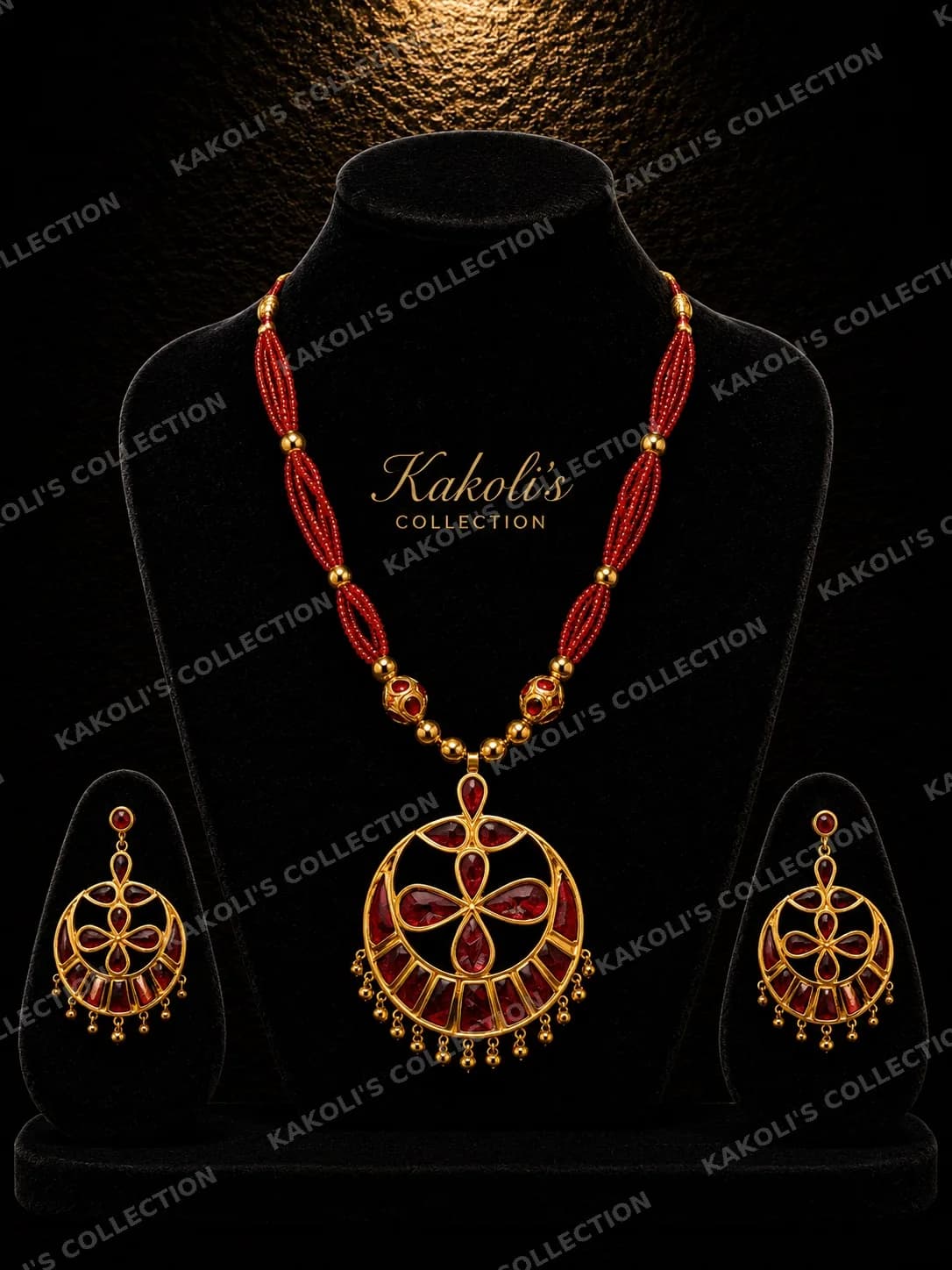 Red Crescent Locket on Red Bead Strings – Assamese jewellery by Kakoli's Collection