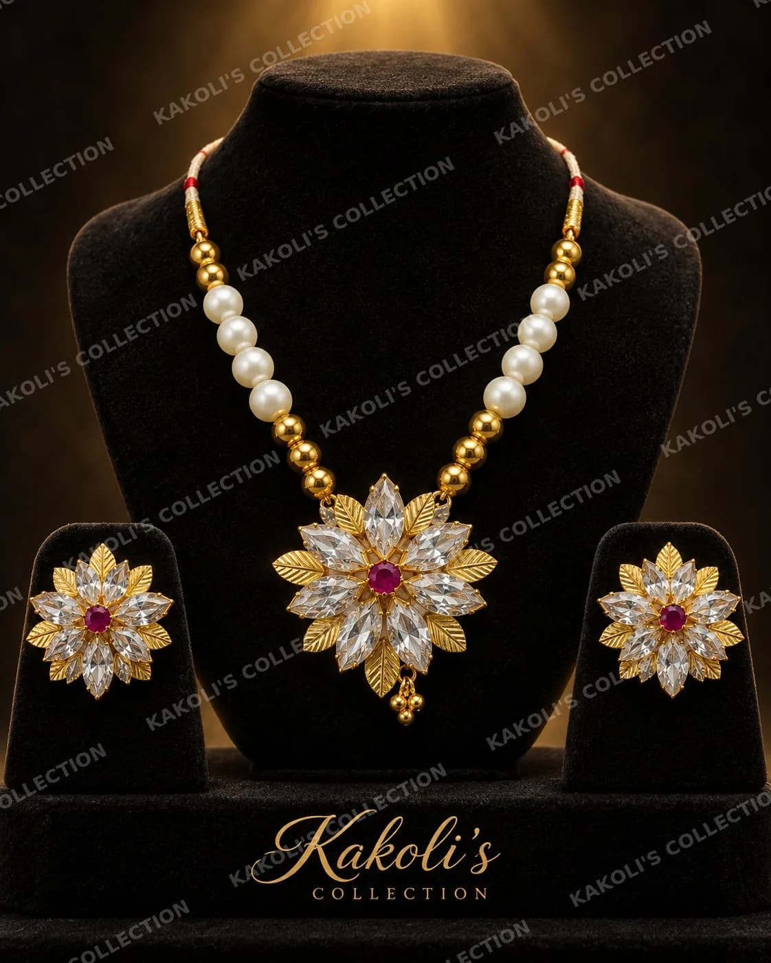 Crystal Flower Locket on Pearl & Gold Beads – Assamese jewellery by Kakoli's Collection