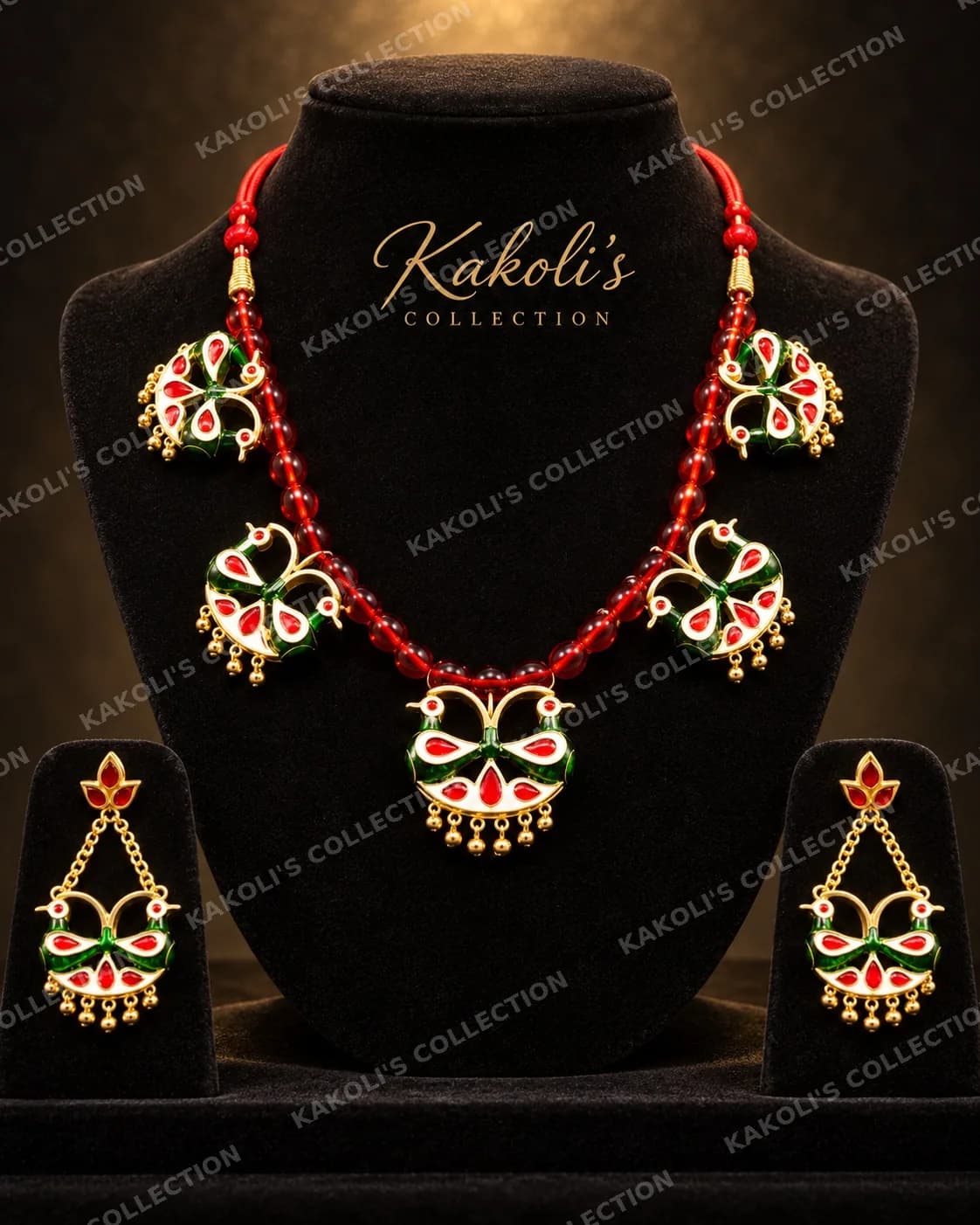 Lokaparo Necklace with Red & Green Birds on Red Beads – Assamese jewellery by Kakoli's Collection