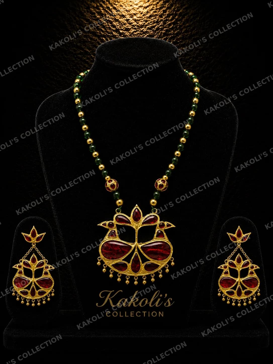 Maroon Lokaparo on Green & Gold Beads – Assamese jewellery by Kakoli's Collection