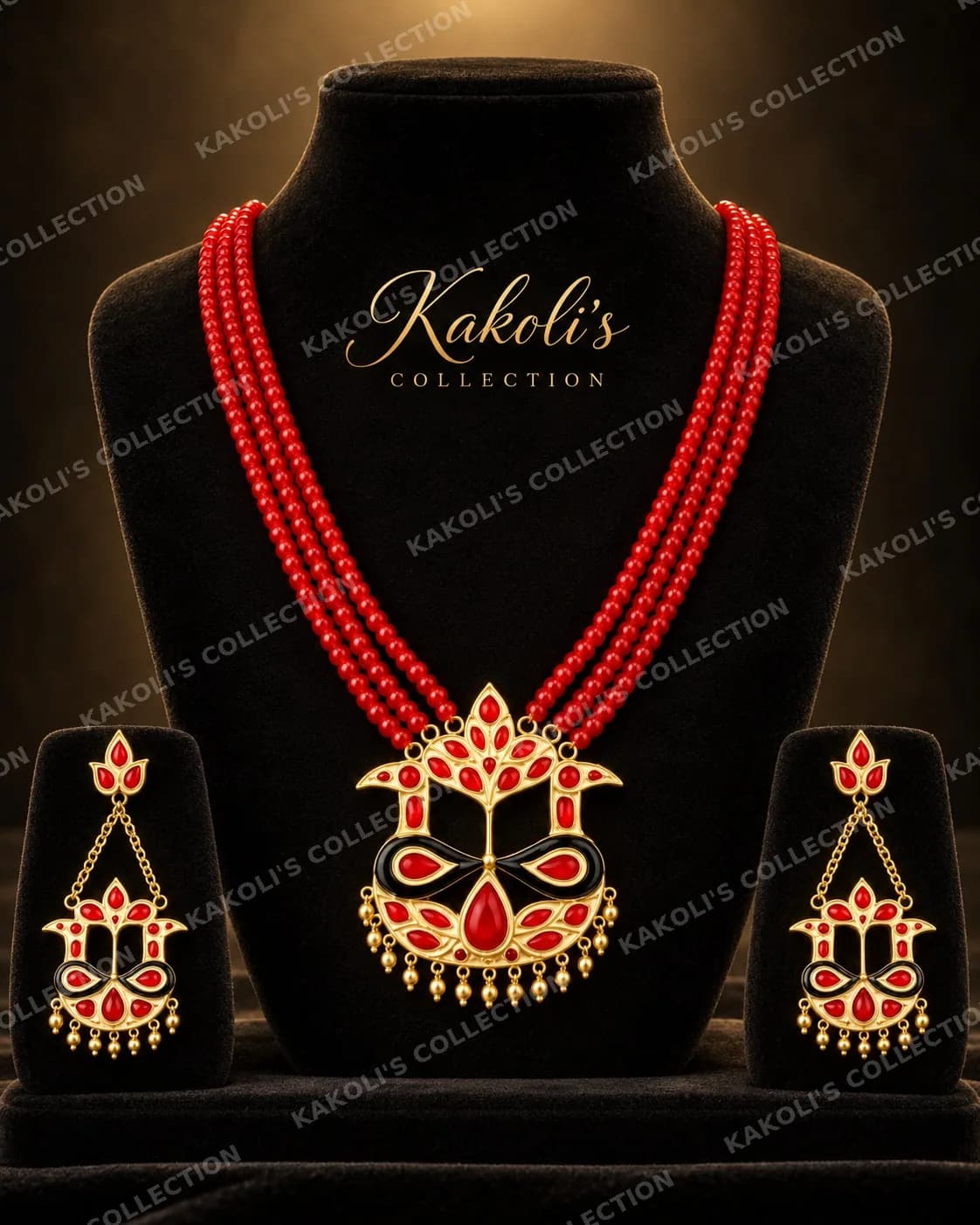 Red & Black Lokaparo on Red Bead Strands – Assamese jewellery by Kakoli's Collection
