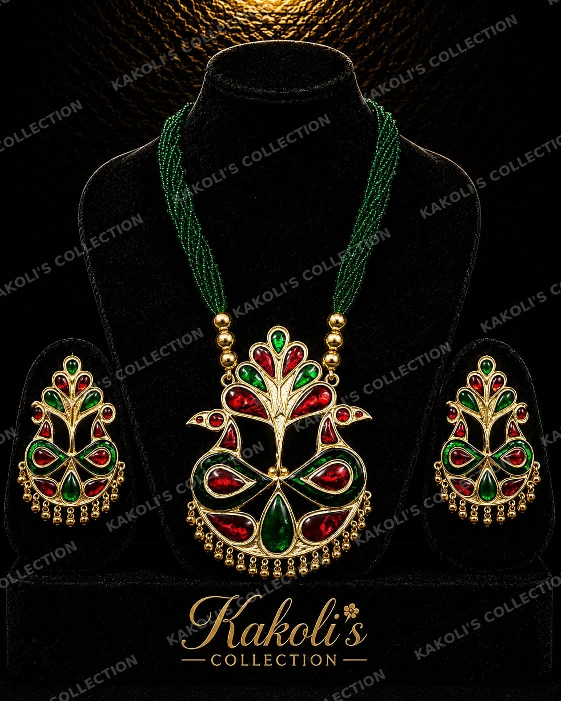 Red & Green Lokaparo on Green Bead Strings – Assamese jewellery by Kakoli's Collection