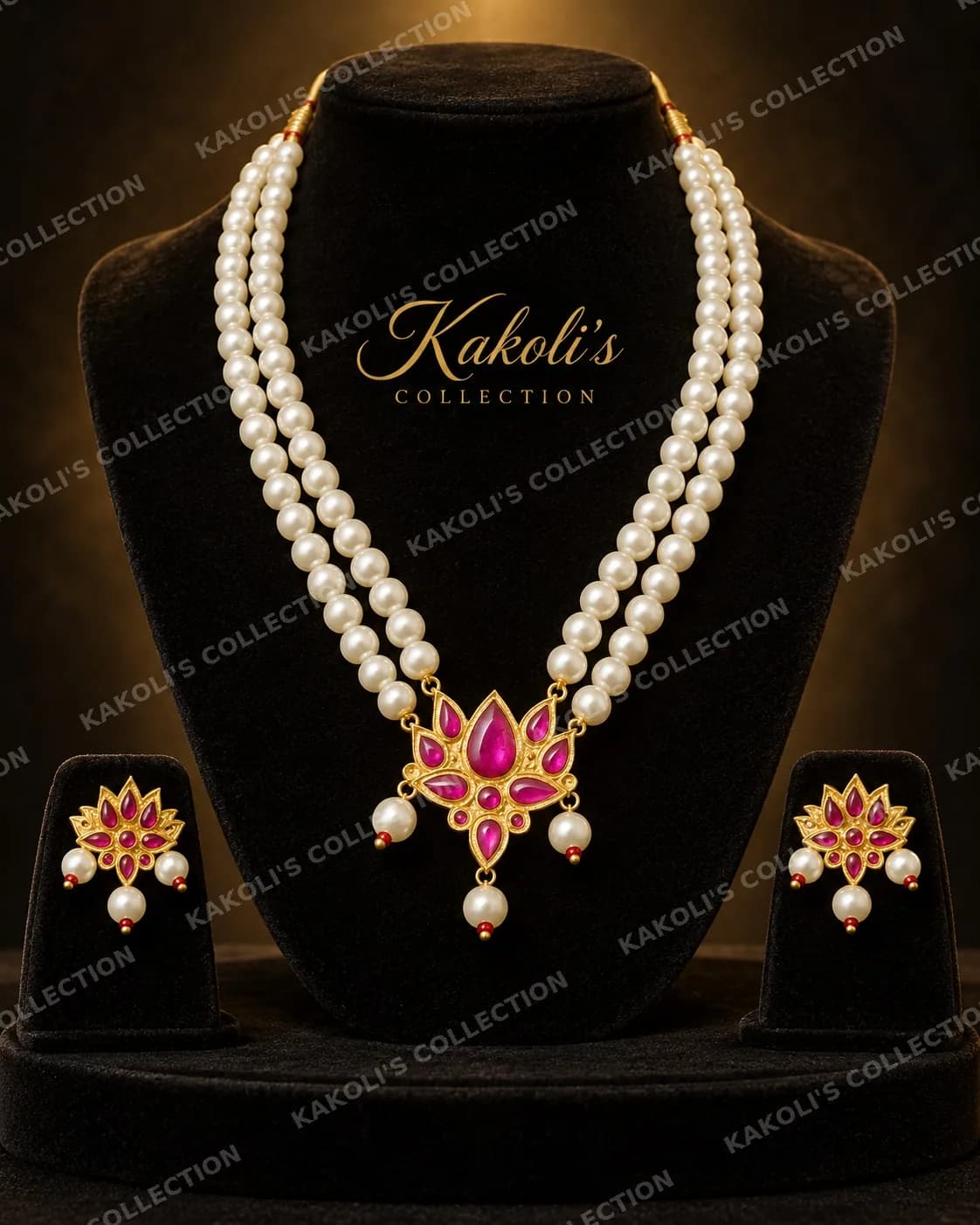 Pink Lotus on Double Pearl Strand – Assamese jewellery by Kakoli's Collection