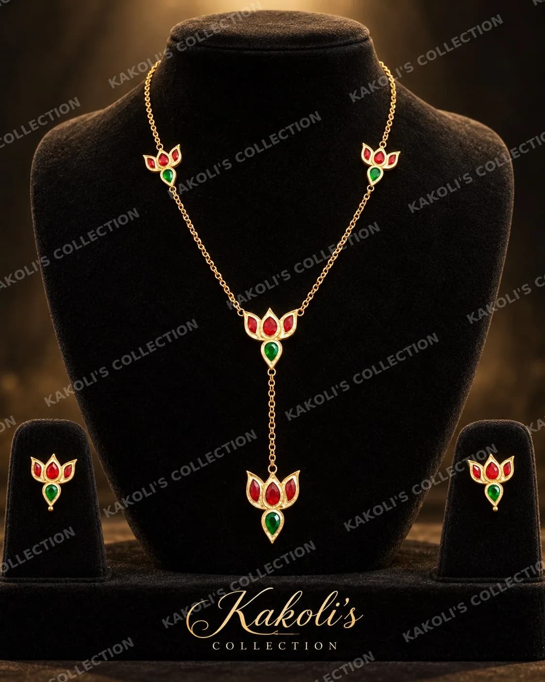 Red & Green Lotus Y-Chain – Assamese jewellery by Kakoli's Collection