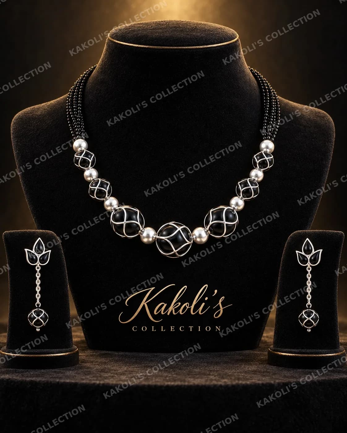 Monimala with Black & Silver Lattice Beads – Assamese jewellery by Kakoli's Collection