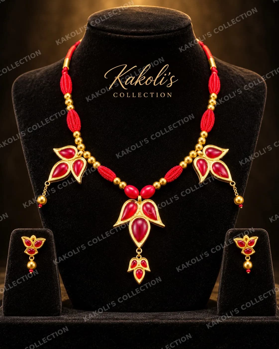 Red Lotus Paat Golpata on Red Beads – Assamese jewellery by Kakoli's Collection