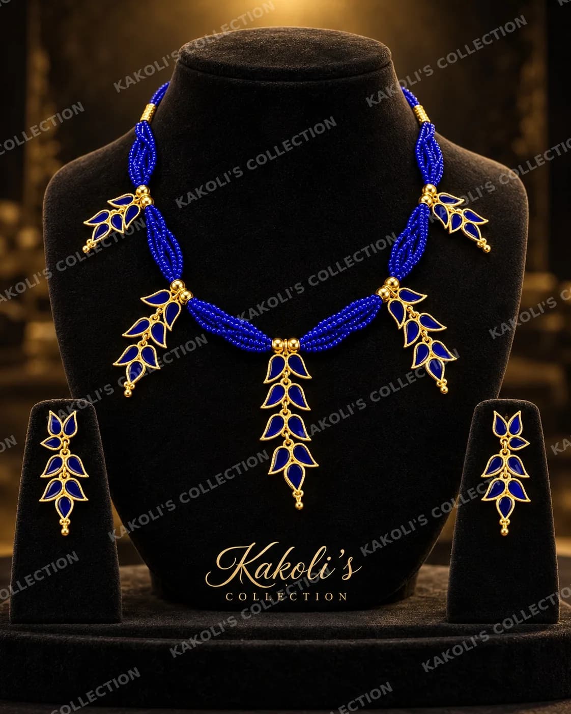 Blue Leaf Paat Golpata on Blue Bead Strings – Assamese jewellery by Kakoli's Collection