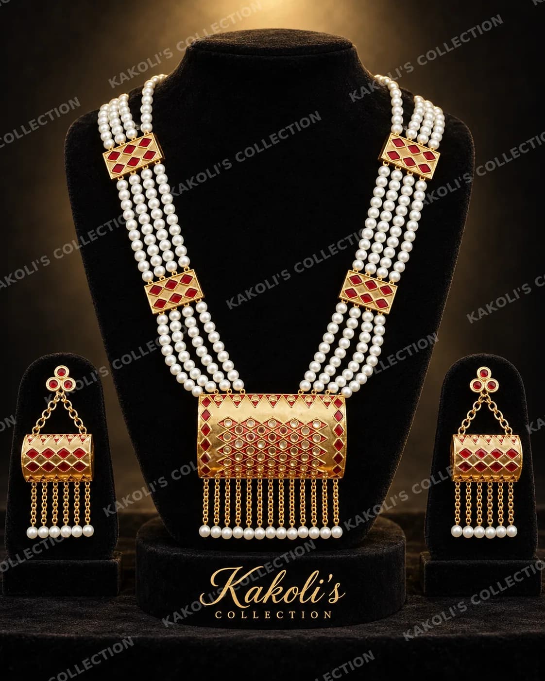 Five-Strand Pearl Set with Red Lattice Pendant & Tassel – Assamese jewellery by Kakoli's Collection