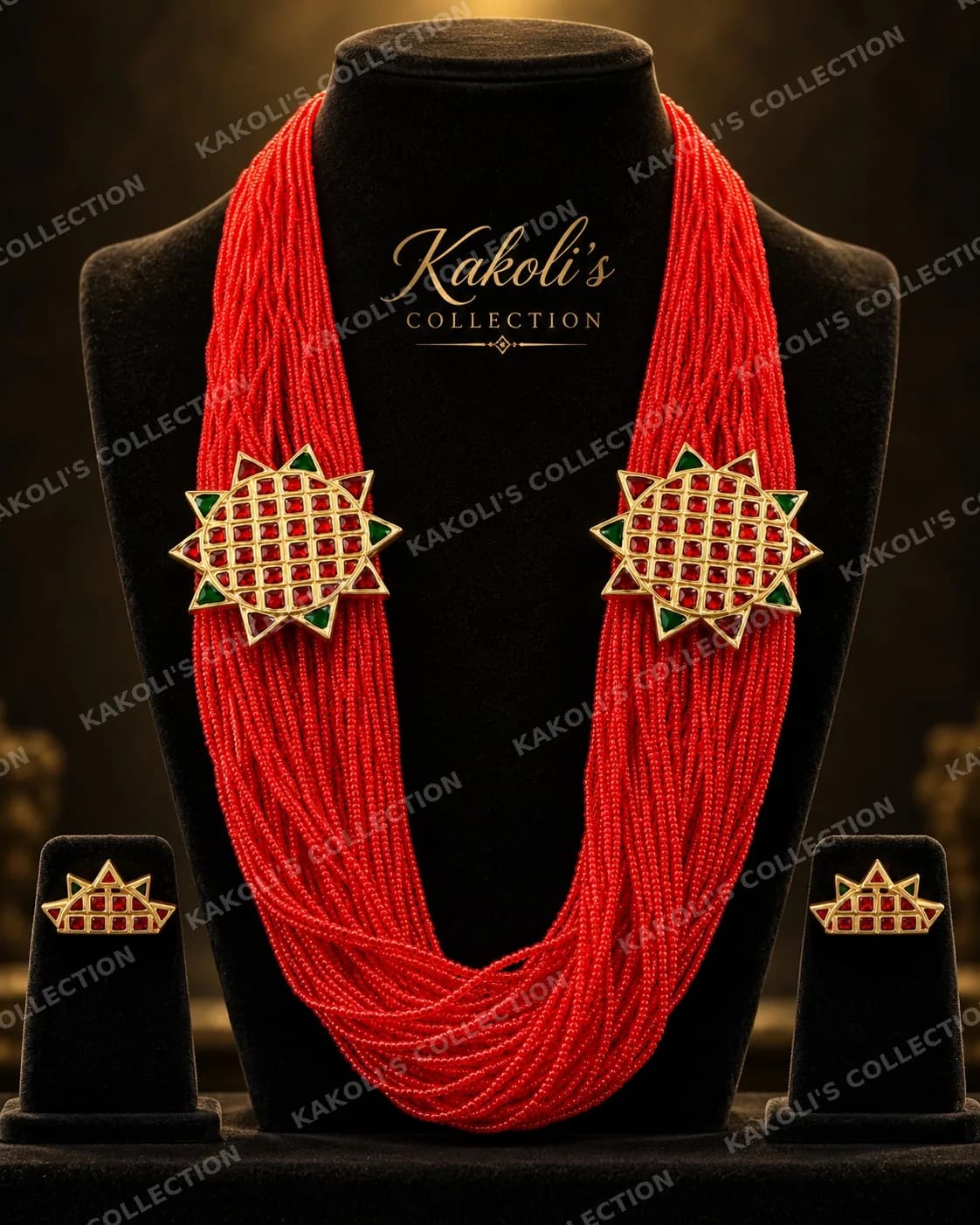 Multi-Strand Red Bead Set with Twin Sun Motifs – Assamese jewellery by Kakoli's Collection